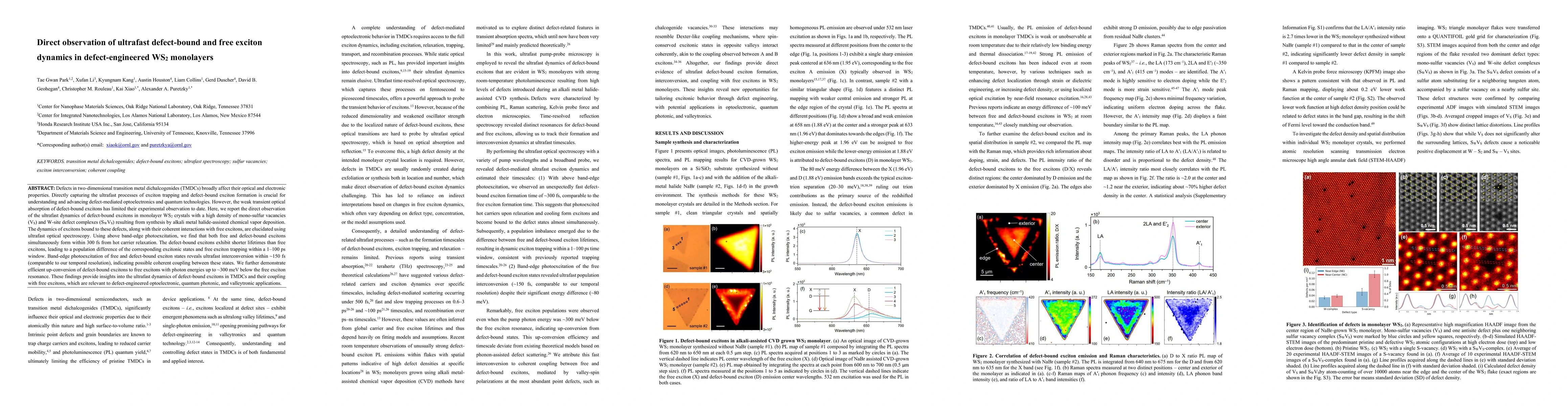 Thumbnail for Direct observation of ultrafast defect-bound and free exciton dynamics in defect-engineered WS$_2$ monolayers