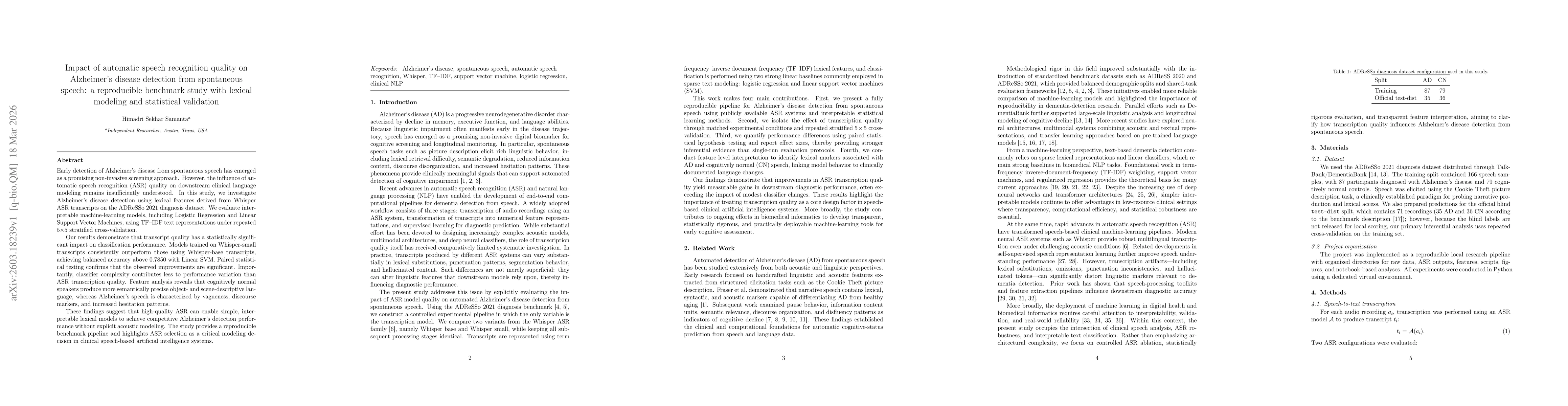 Thumbnail for Impact of automatic speech recognition quality on Alzheimer's disease detection from spontaneous speech: a reproducible benchmark study with lexical modeling and statistical validation