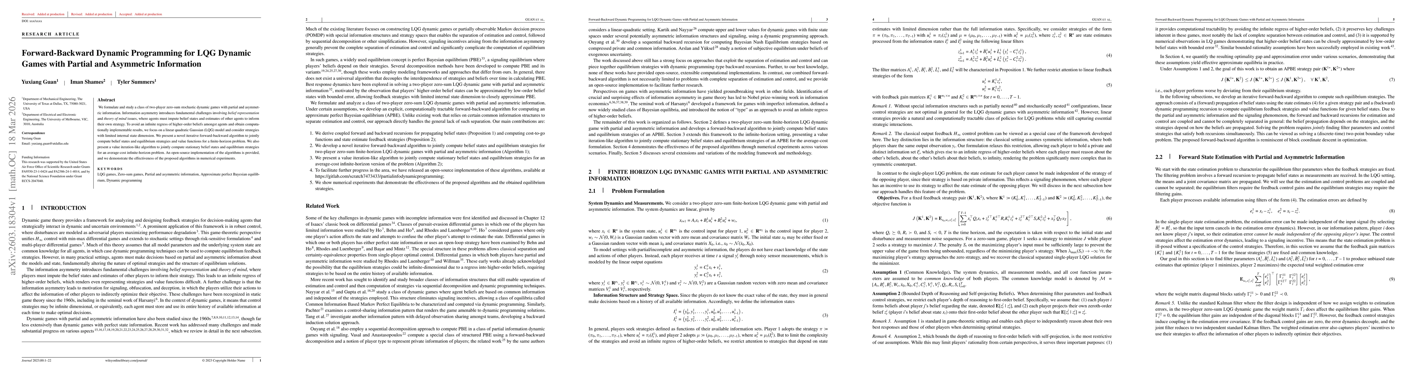 Thumbnail for Forward-Backward Dynamic Programming for LQG Dynamic Games with Partial and Asymmetric Information