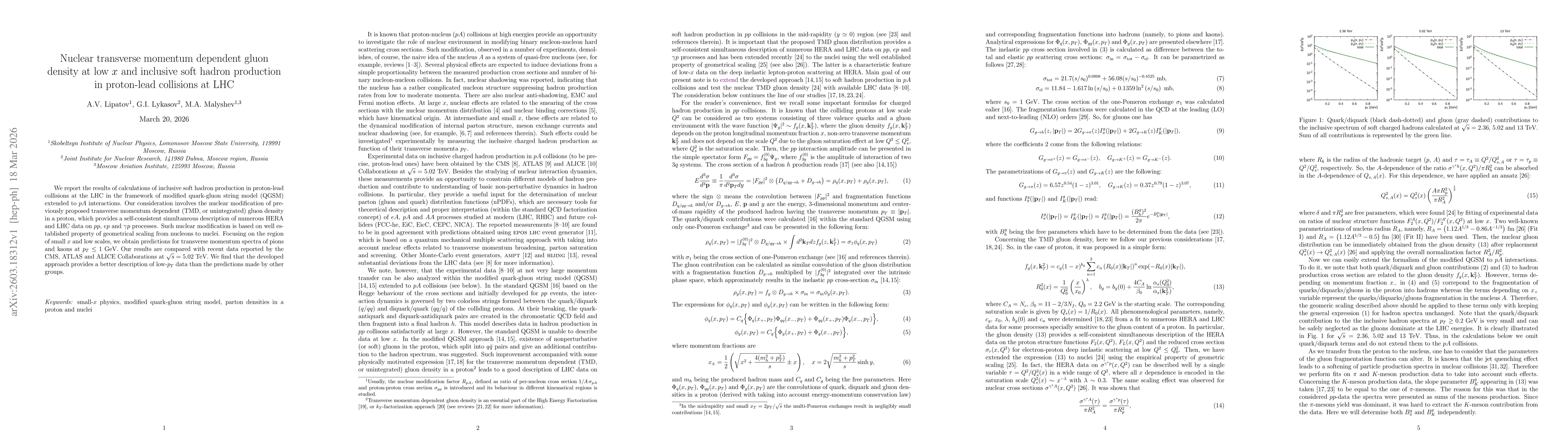Thumbnail for Nuclear transverse momentum dependent gluon density at low $x$ and inclusive soft hadron production in proton-lead collisions at LHC