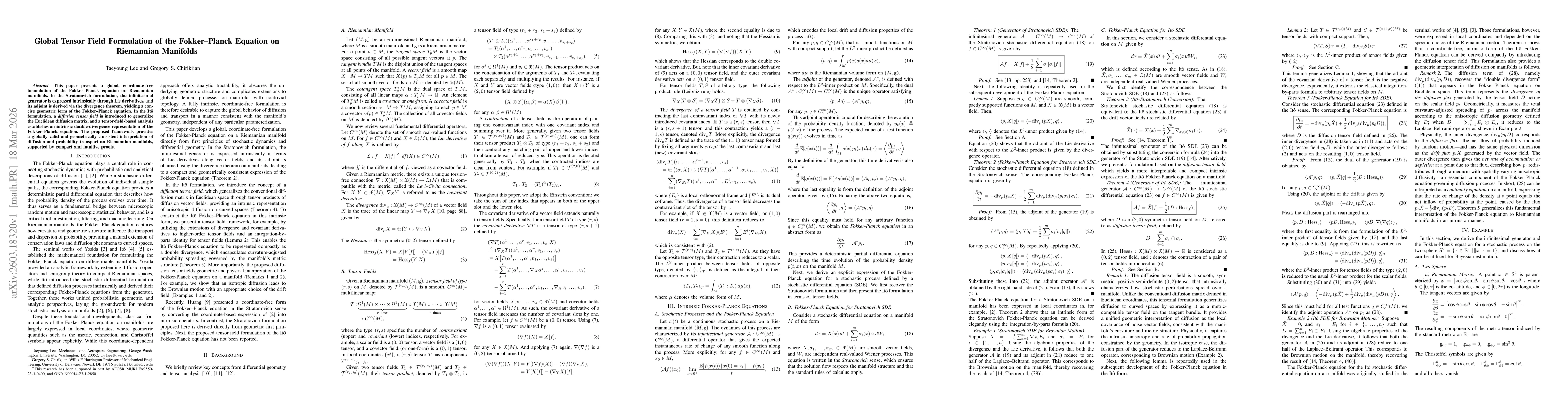 Thumbnail for Global Tensor Field Formulation of the Fokker-Planck Equation on Riemannian Manifolds