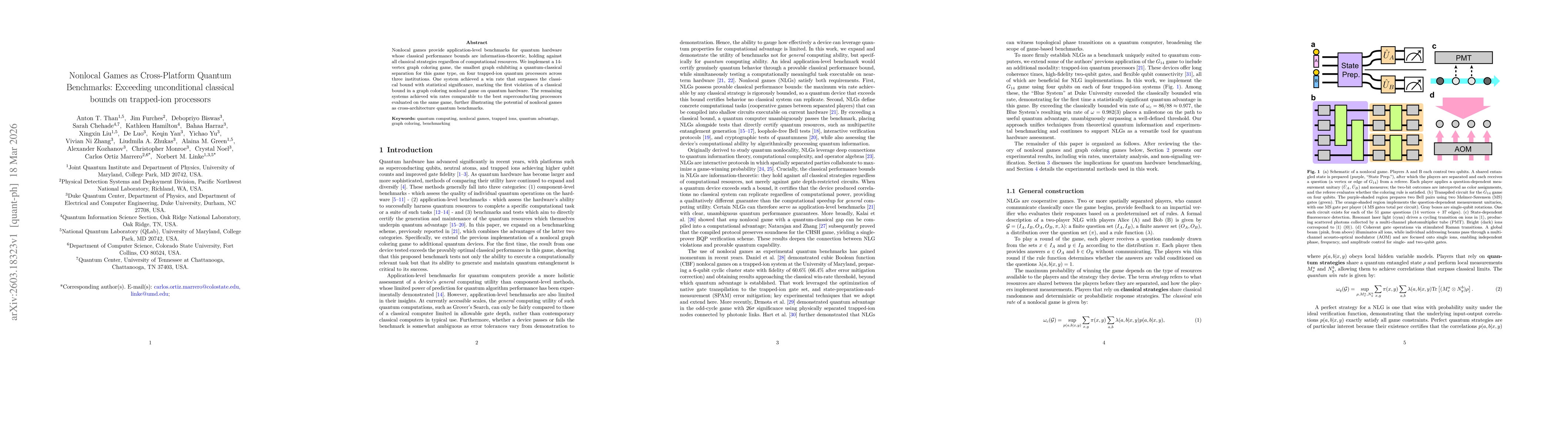 Thumbnail for Nonlocal Games as Cross-Platform Quantum Benchmarks: Exceeding unconditional classical bounds on trapped-ion processors