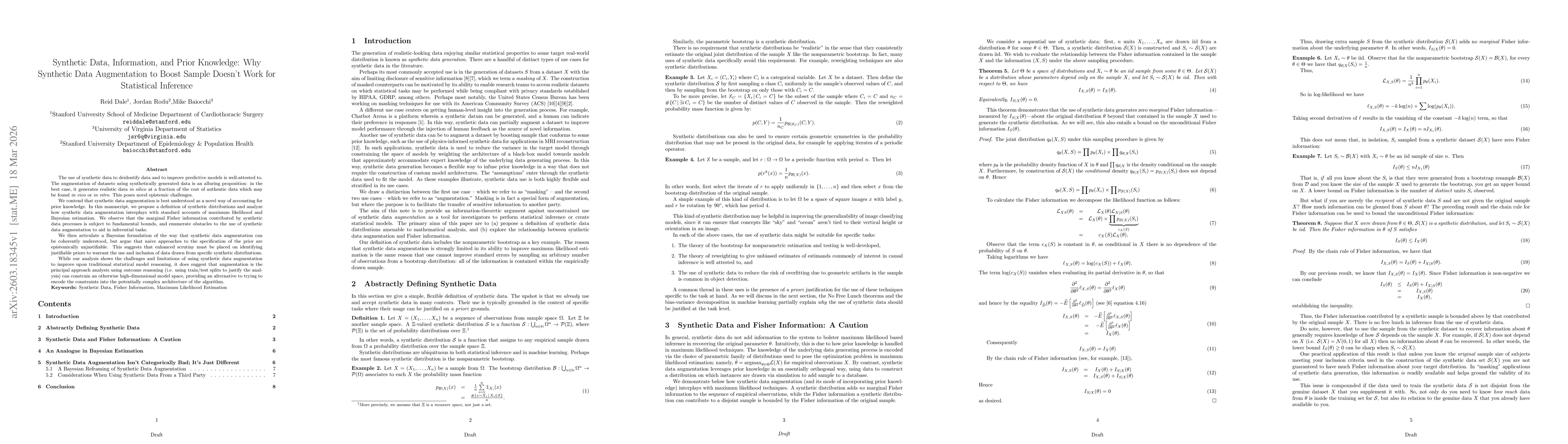Thumbnail for Synthetic Data, Information, and Prior Knowledge: Why Synthetic Data Augmentation to Boost Sample Doesn't Work for Statistical Inference