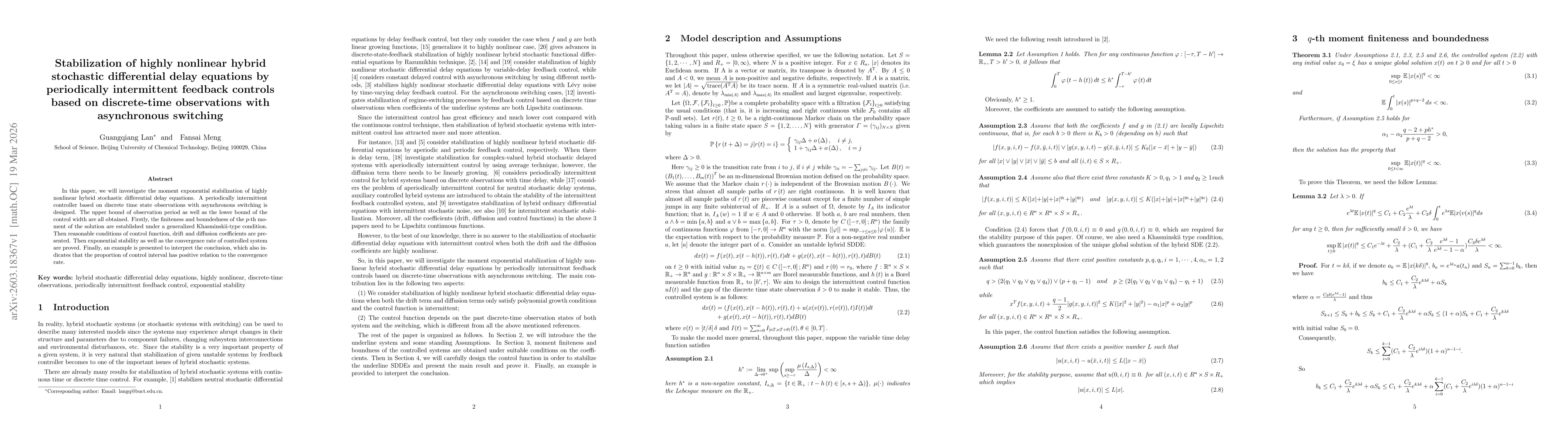 Thumbnail for Stabilization of highly nonlinear hybrid stochastic differential delay equations by periodically intermittent feedback controls based on discrete-time observations with asynchronous switching