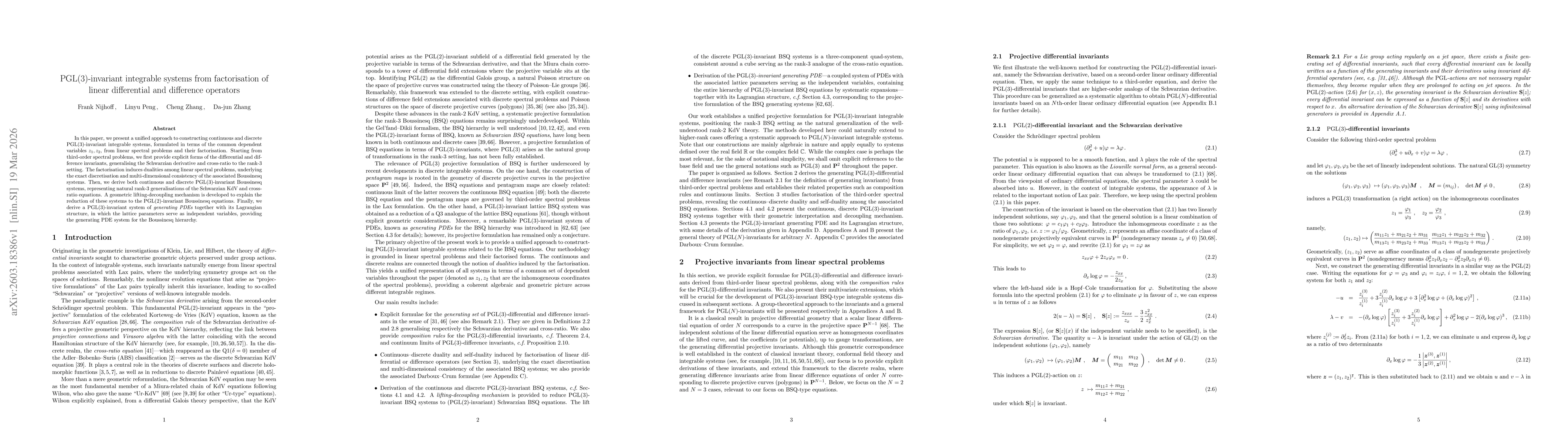Thumbnail for $\mathrm{PGL}(3)$-invariant integrable systems from factorisation of linear differential and difference operators