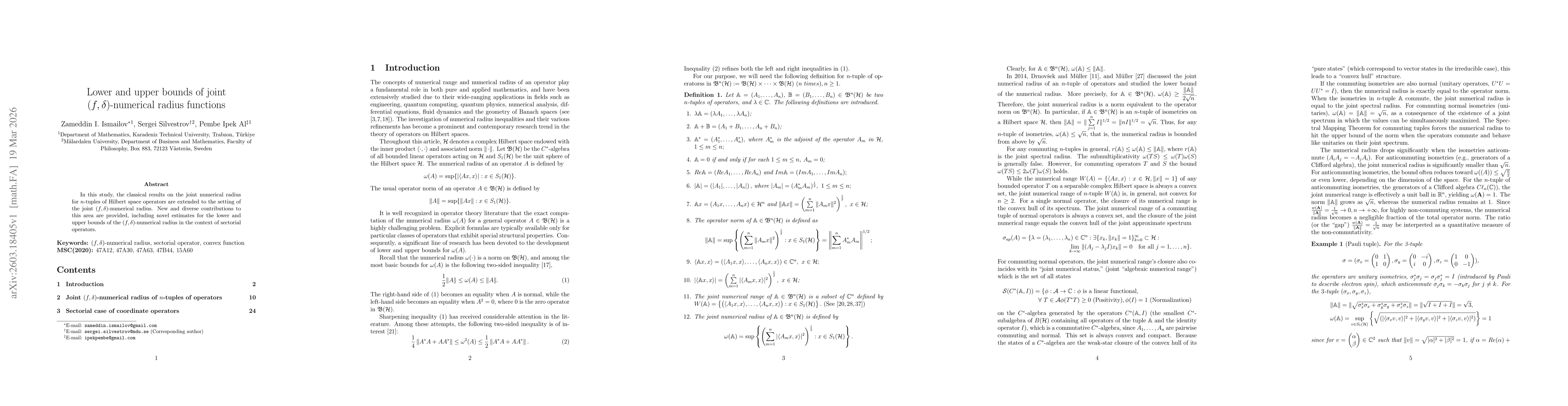 Thumbnail for Lower and upper bounds of joint $(f,δ)$-numerical radius functions