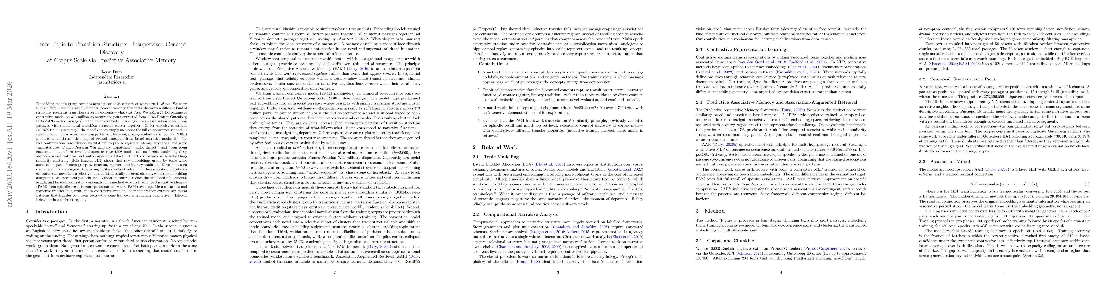 Thumbnail for From Topic to Transition Structure: Unsupervised Concept Discovery at Corpus Scale via Predictive Associative Memory