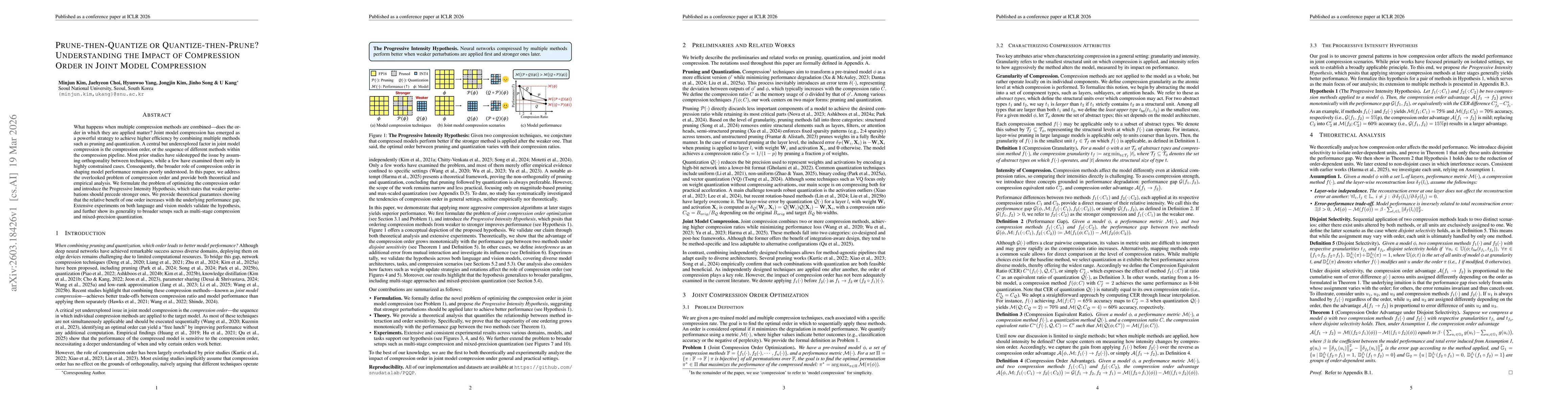 Thumbnail for Prune-then-Quantize or Quantize-then-Prune? Understanding the Impact of Compression Order in Joint Model Compression