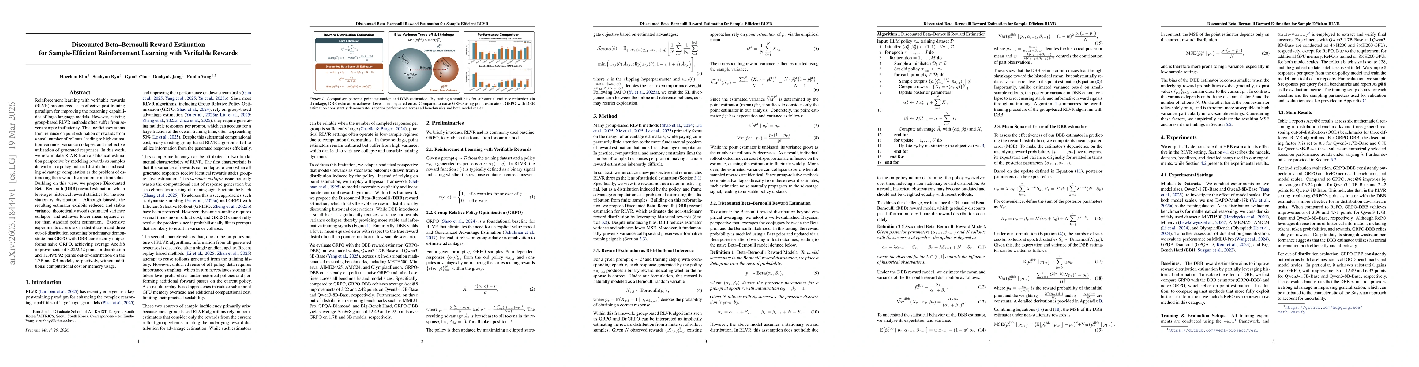 Thumbnail for Discounted Beta--Bernoulli Reward Estimation for Sample-Efficient Reinforcement Learning with Verifiable Rewards
