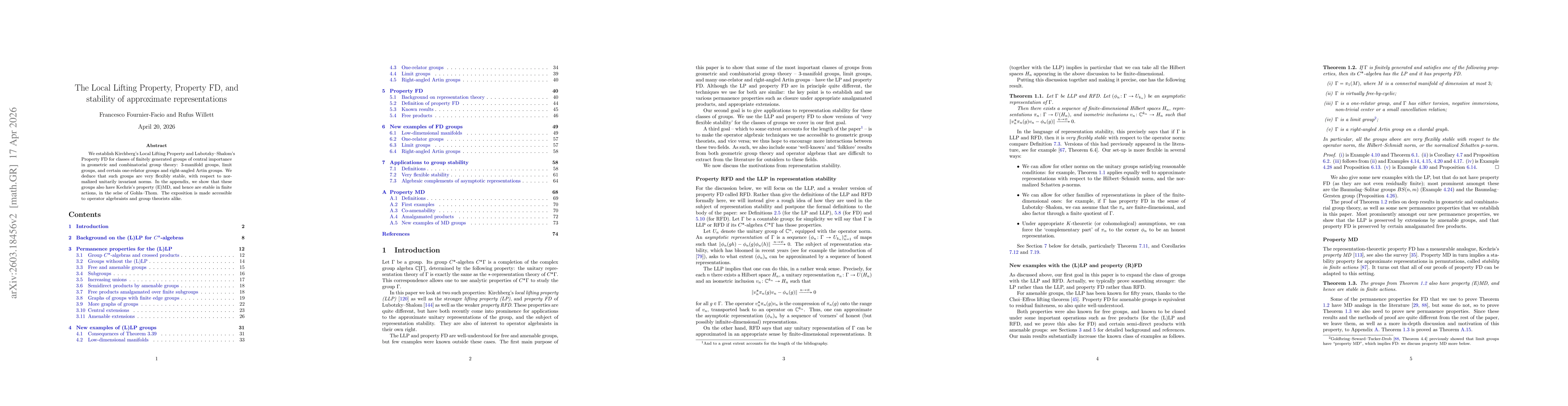 Thumbnail for The Local Lifting Property, Property FD, and stability of approximate representations