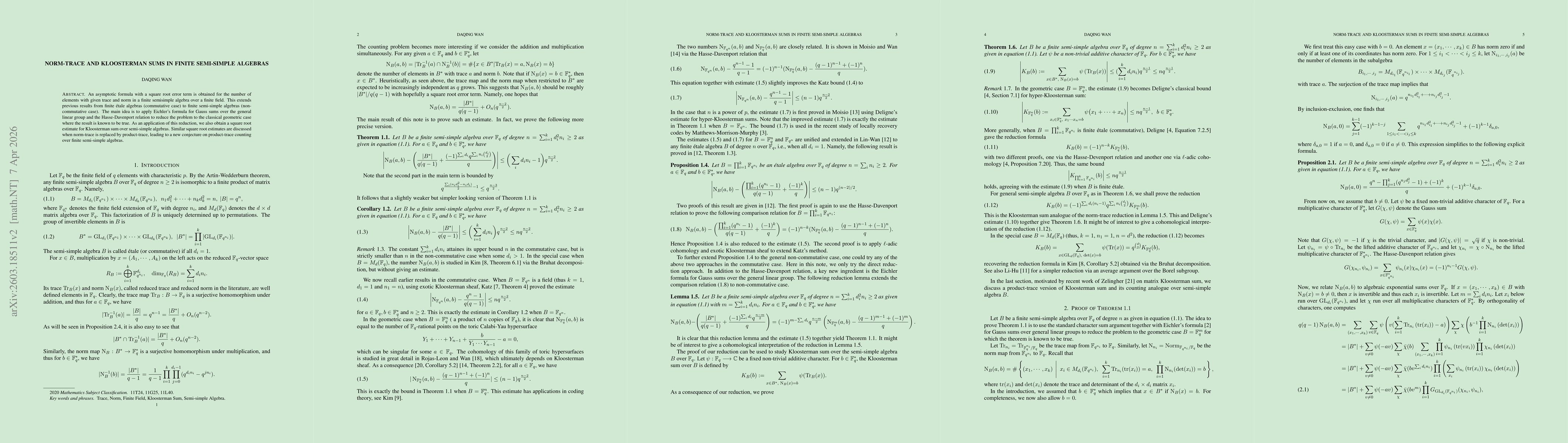 Thumbnail for Norm-trace and Kloosterman sums in finite semi-simple algebras