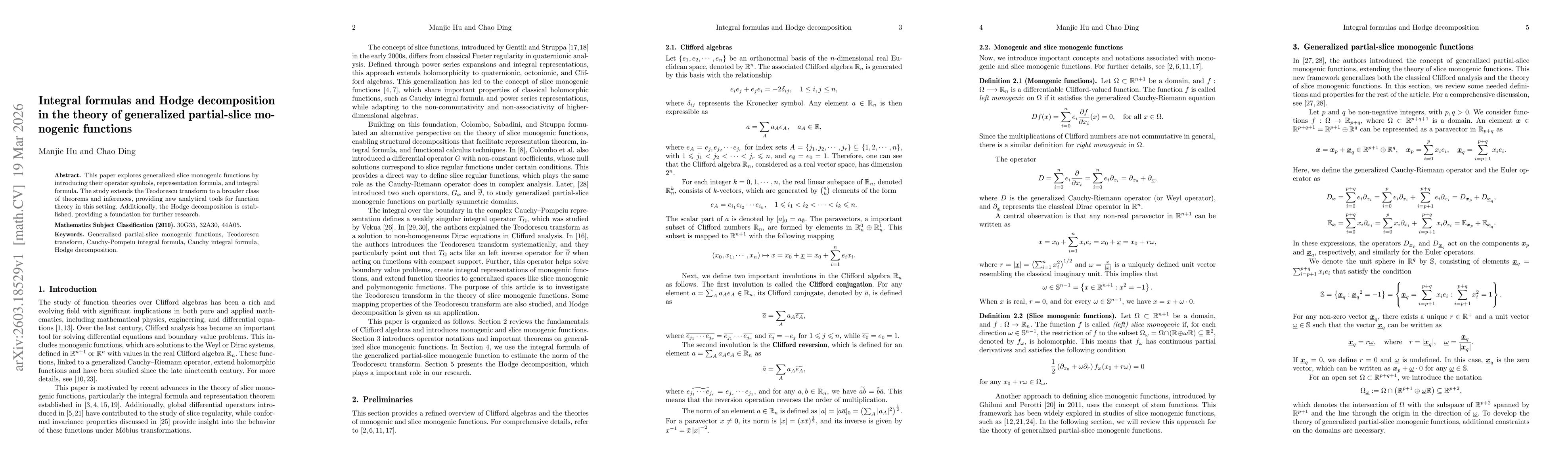 Thumbnail for Integral formulas and Hodge decomposition in the theory of generalized partial-slice mo-nogenic functions