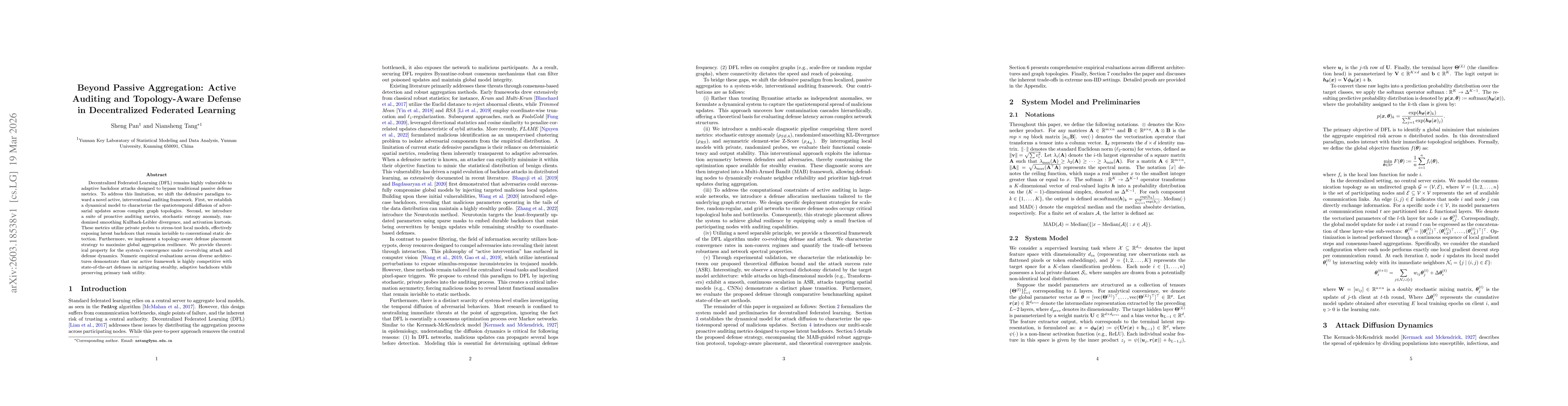 Thumbnail for Beyond Passive Aggregation: Active Auditing and Topology-Aware Defense in Decentralized Federated Learning