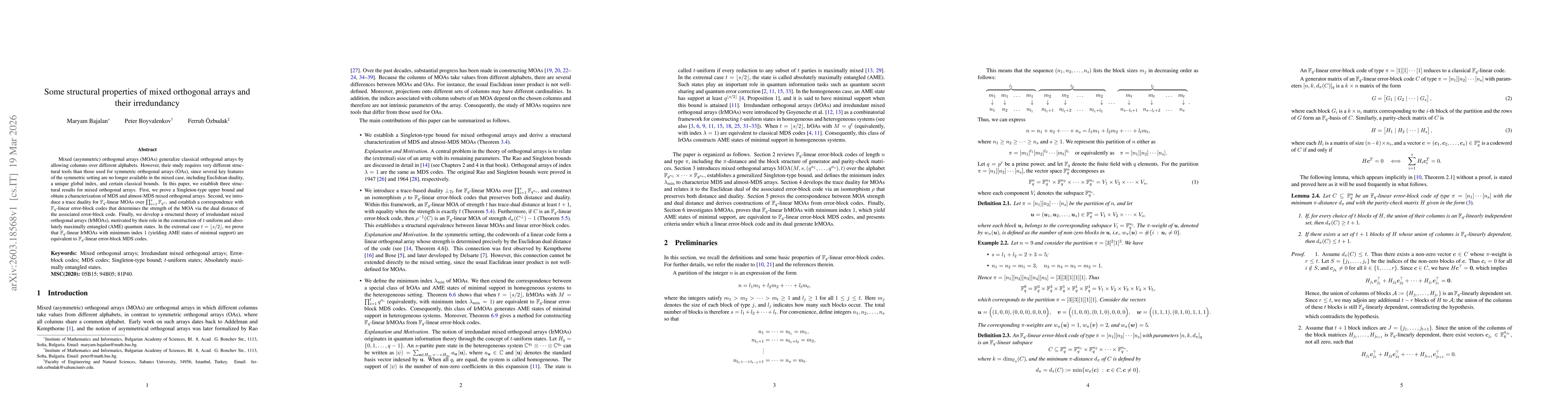 Thumbnail for Some structural properties of mixed orthogonal arrays and their irredundancy