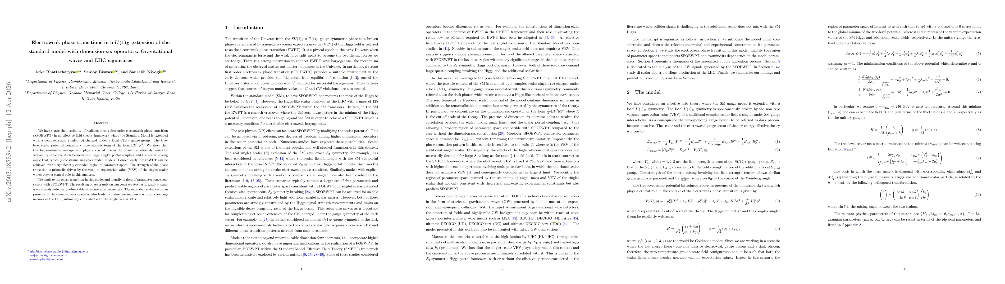 Thumbnail for Electroweak phase transitions in a $U(1)_D$ extension of the standard model with dimension-six operators: Gravitational waves and LHC signatures
