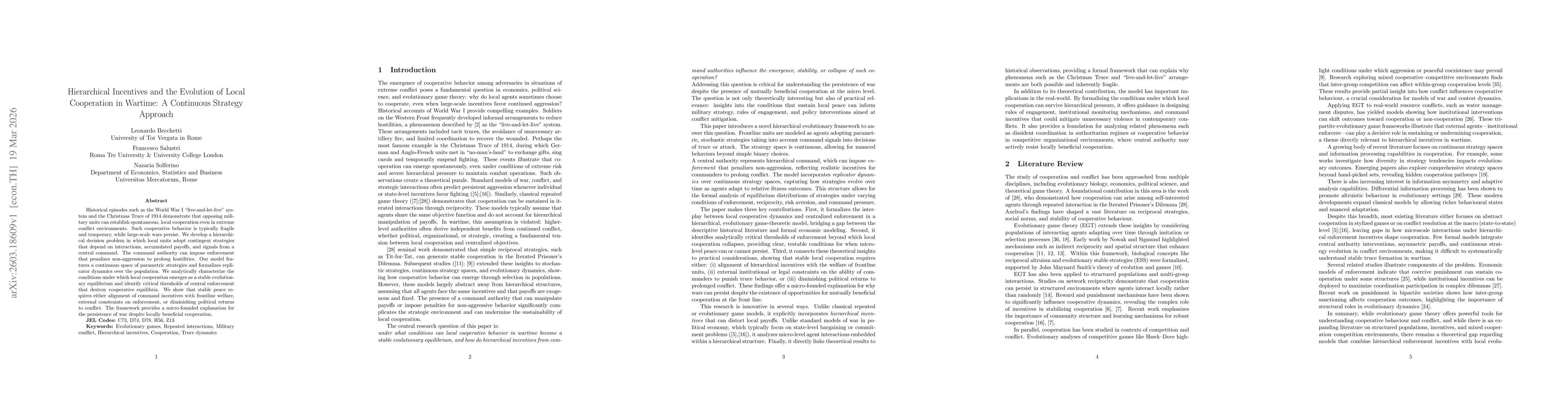 Thumbnail for Hierarchical Incentives and the Evolution of Local Cooperation in Wartime: A Continuous Strategy Approach