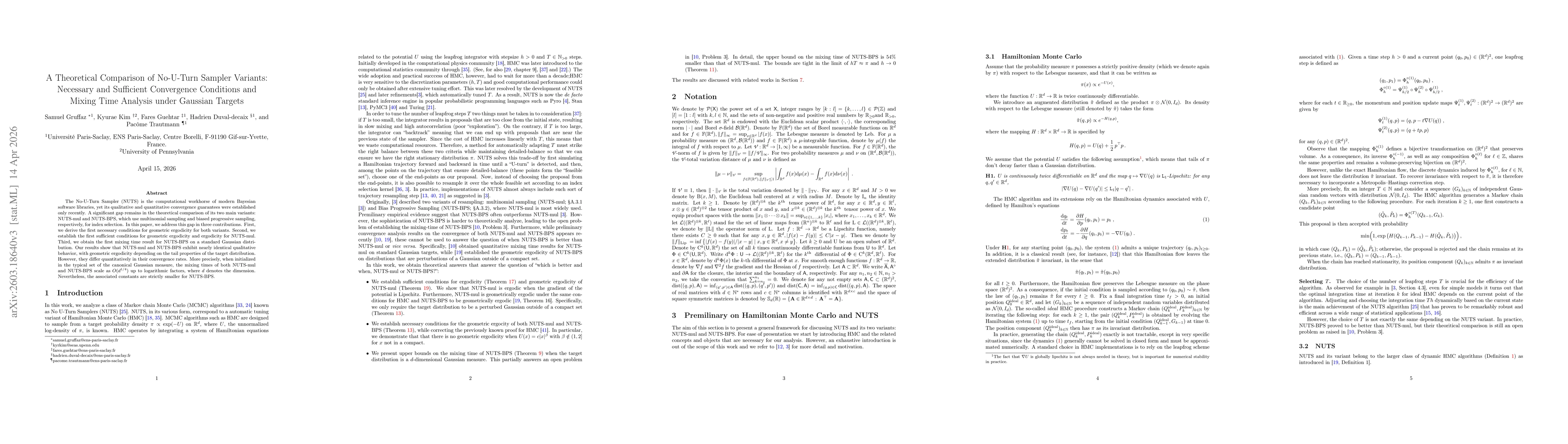 Thumbnail for A Theoretical Comparison of No-U-Turn Sampler Variants: Necessary and Su?cient Convergence Conditions and Mixing Time Analysis under Gaussian Targets