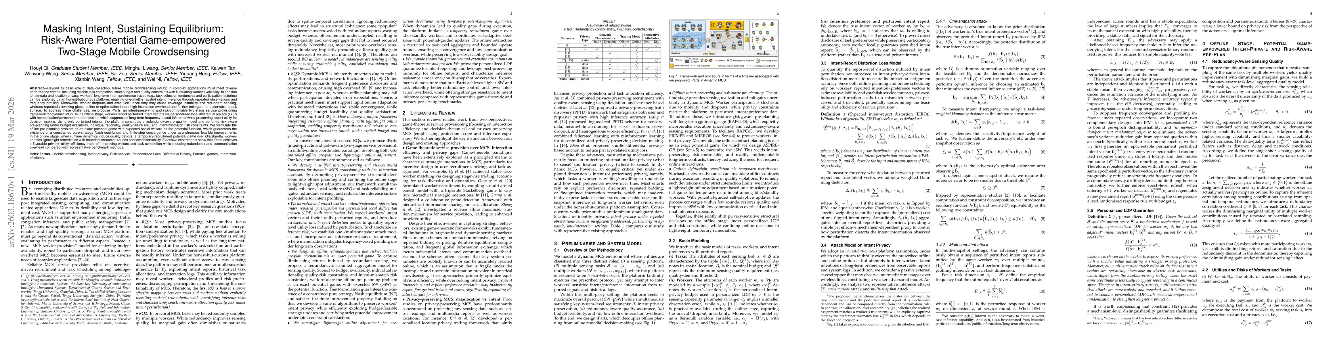 Thumbnail for Masking Intent, Sustaining Equilibrium: Risk-Aware Potential Game-empowered Two-Stage Mobile Crowdsensing