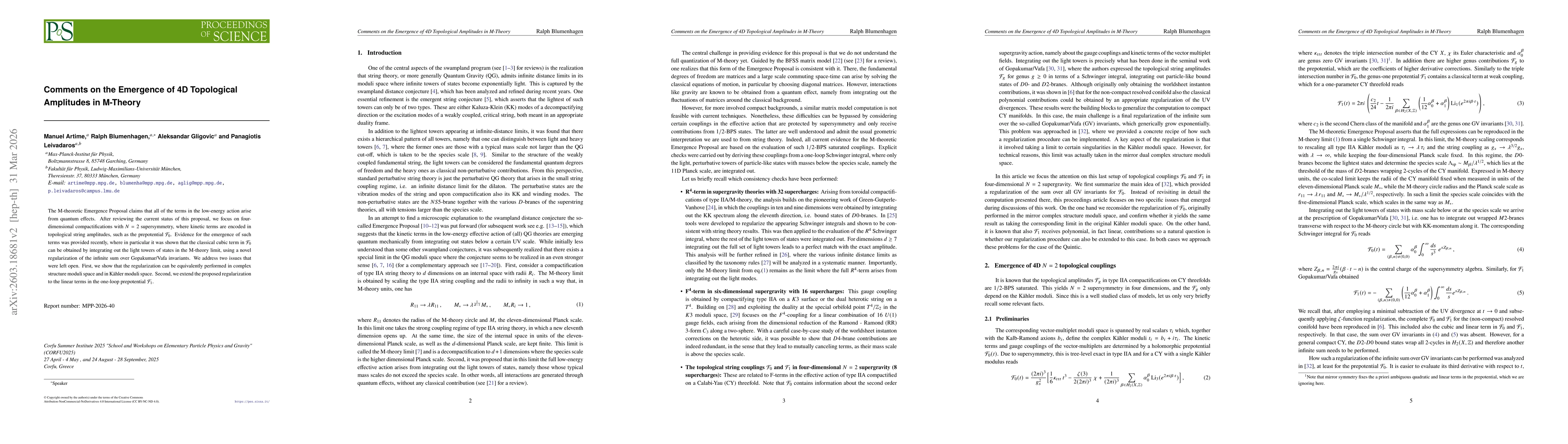 Thumbnail for Comments on the Emergence of 4D Topological Amplitudes in M-Theory