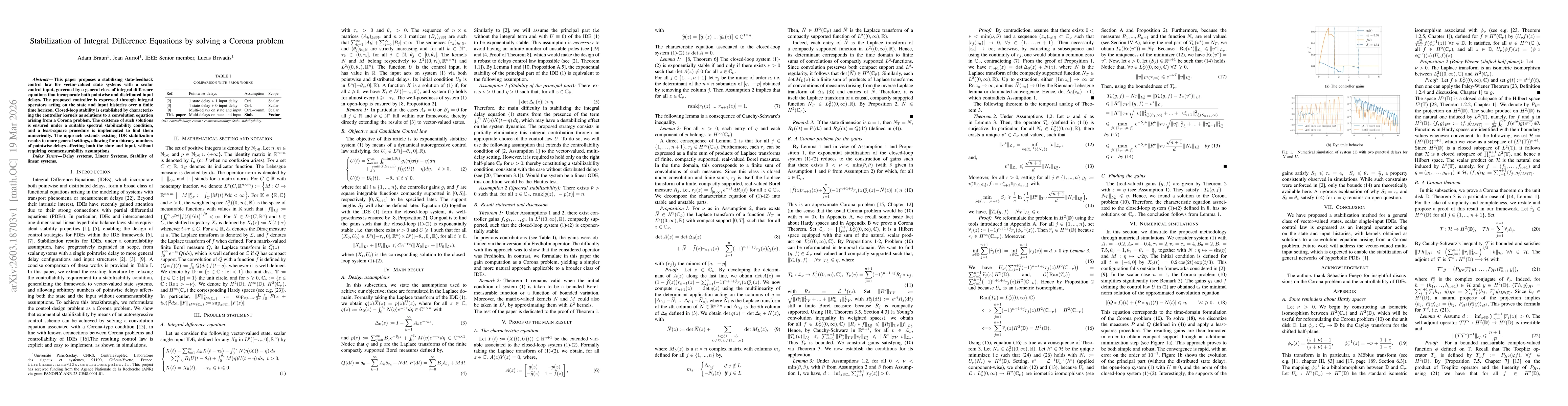 Thumbnail for Stabilization of Integral Difference Equations by solving a Corona problem