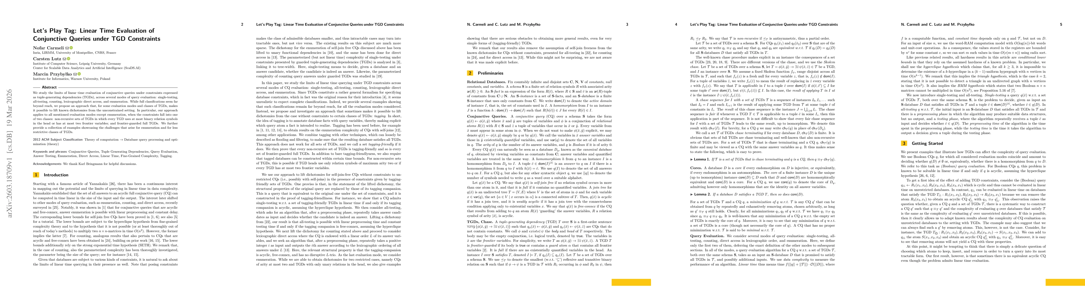 Thumbnail for Let's Play Tag: Linear Time Evaluation of Conjunctive Queries under TGD Constraints