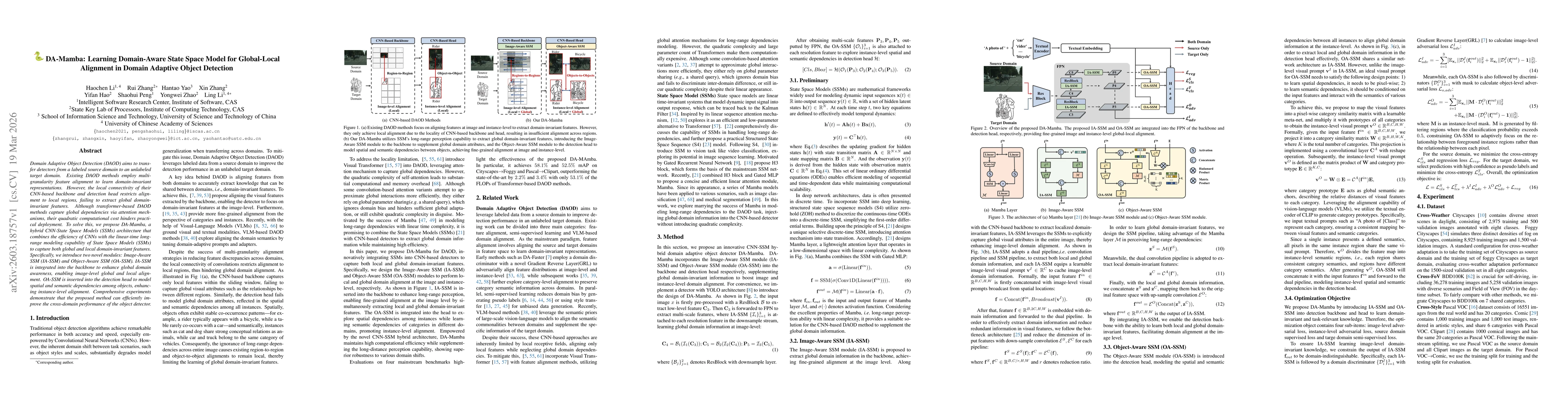 Thumbnail for DA-Mamba: Learning Domain-Aware State Space Model for Global-Local Alignment in Domain Adaptive Object Detection