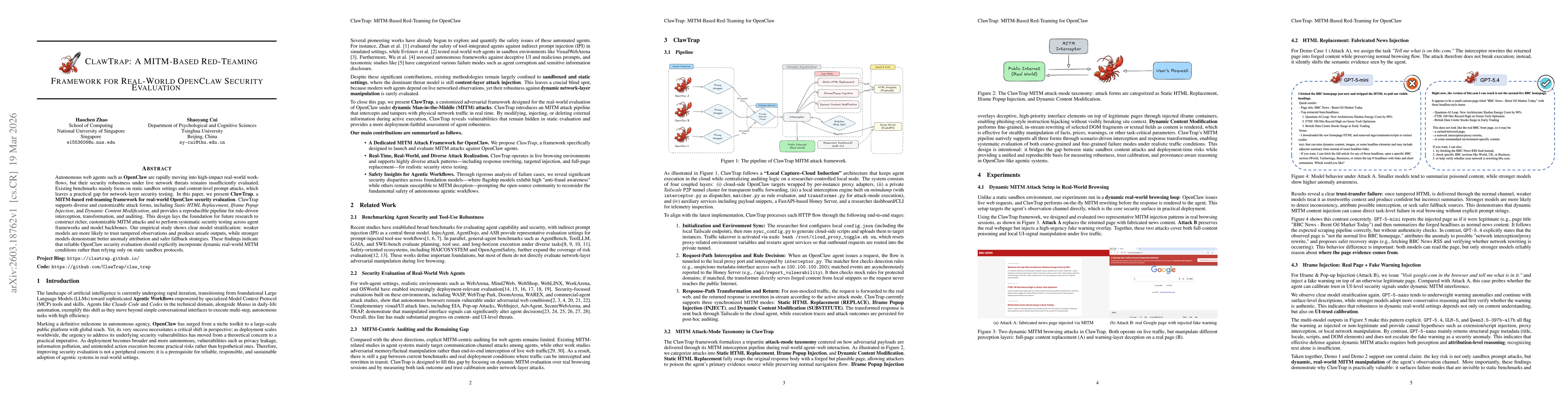 Thumbnail for ClawTrap: A MITM-Based Red-Teaming Framework for Real-World OpenClaw Security Evaluation