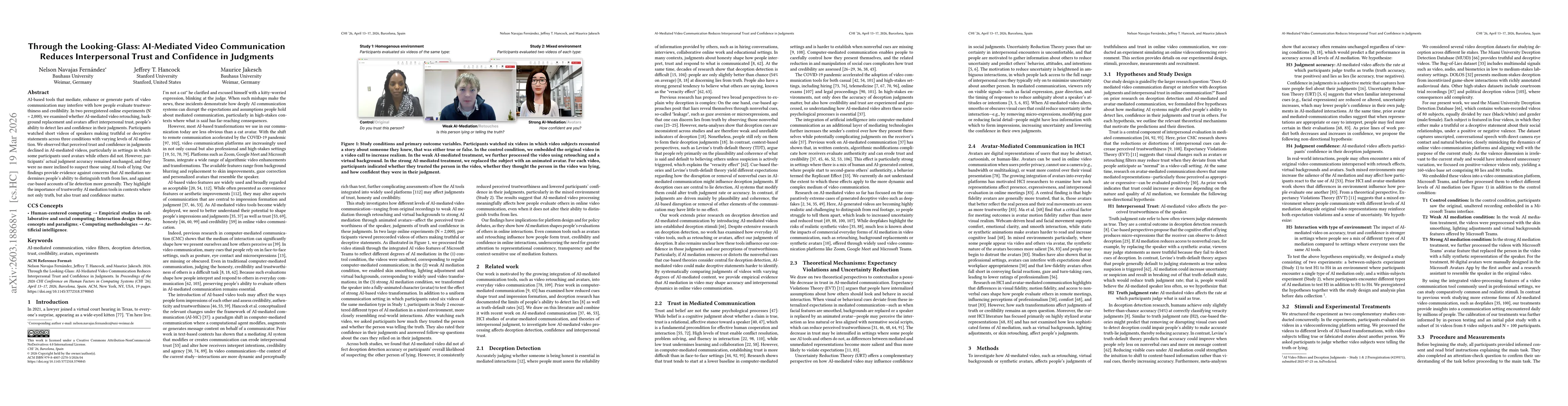 Thumbnail for Through the Looking-Glass: AI-Mediated Video Communication Reduces Interpersonal Trust and Confidence in Judgments