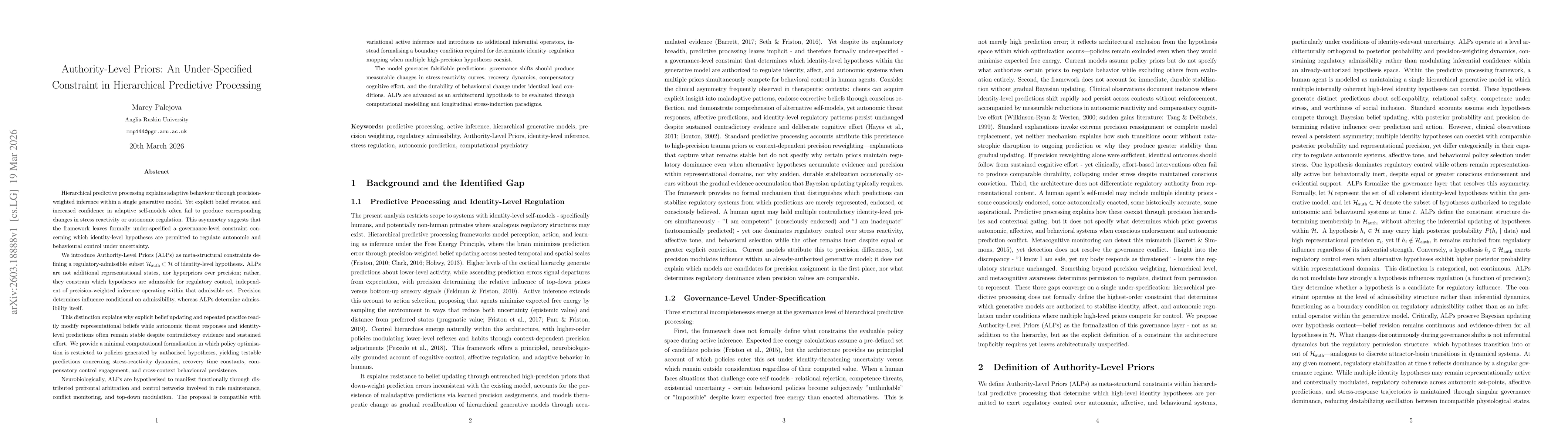 Thumbnail for Authority-Level Priors: An Under-Specified Constraint in Hierarchical Predictive Processing