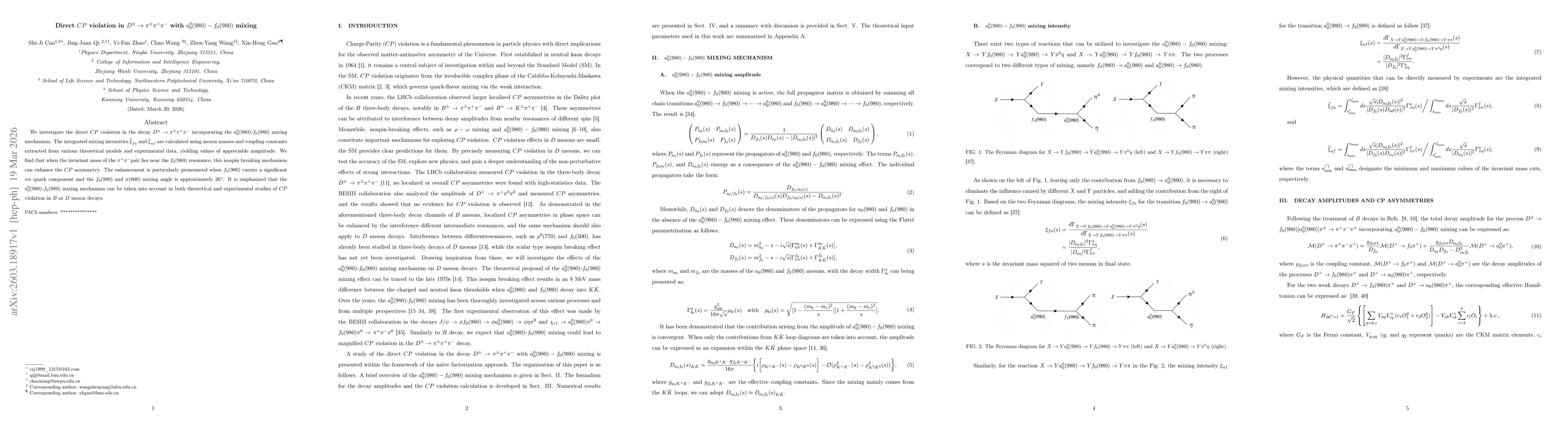 Thumbnail for Direct $CP$ violation in $D^\pm \to π^\pm π^+ π^-$ with $a_0^0(980)-f_0(980)$ mixing
