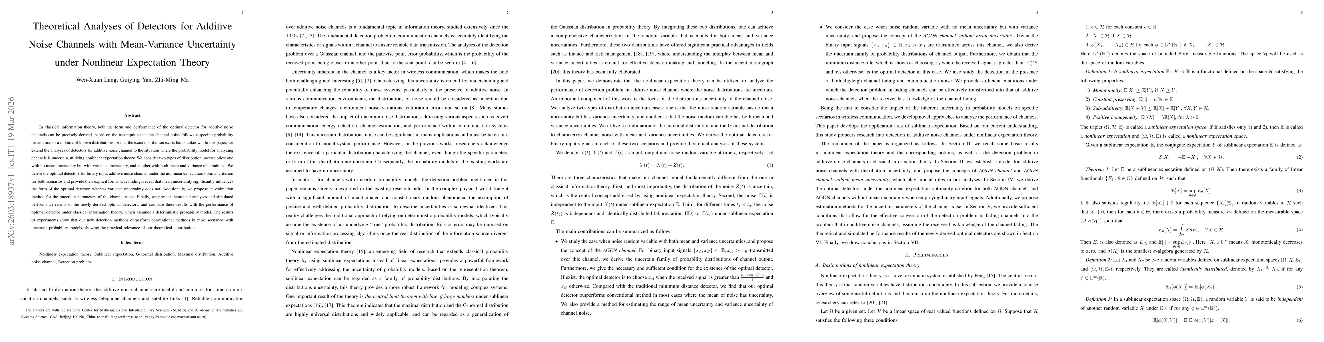 Thumbnail for Theoretical Analyses of Detectors for Additive Noise Channels with Mean-Variance Uncertainty under Nonlinear Expectation Theory