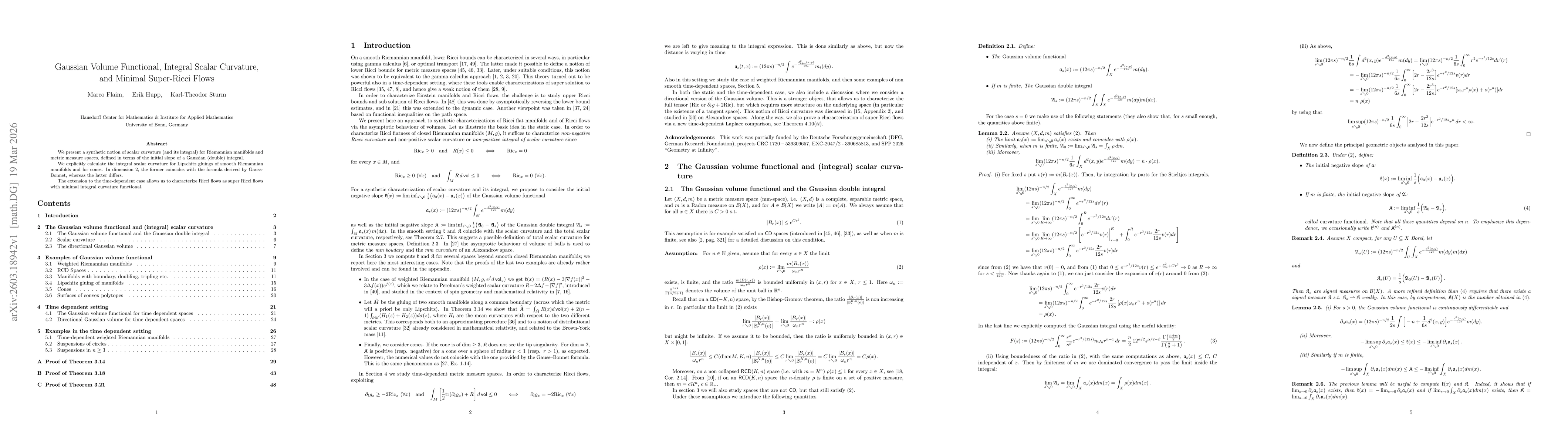 Thumbnail for Gaussian Volume Functional, Integral Scalar Curvature, and Minimal Super-Ricci Flows