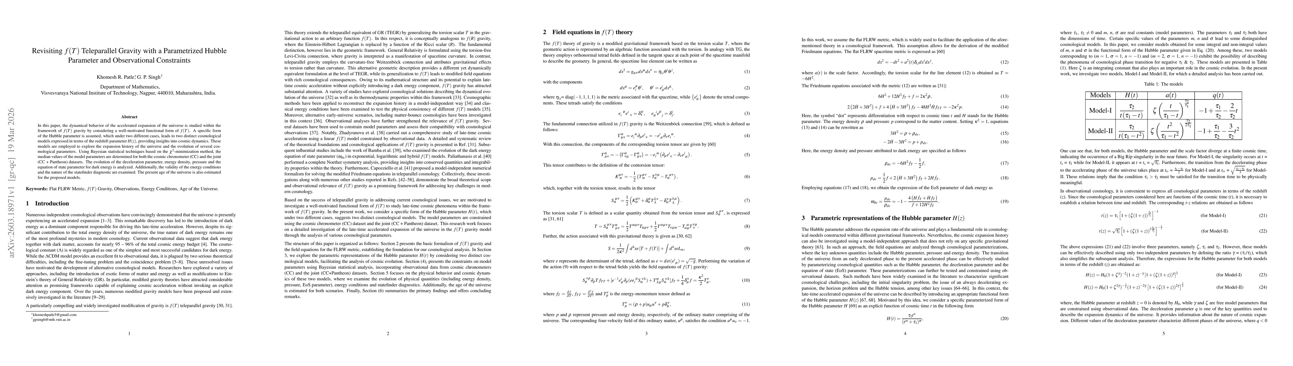Thumbnail for Revisiting $f(T)$ Teleparallel Gravity with a Parametrized Hubble Parameter and Observational Constraints