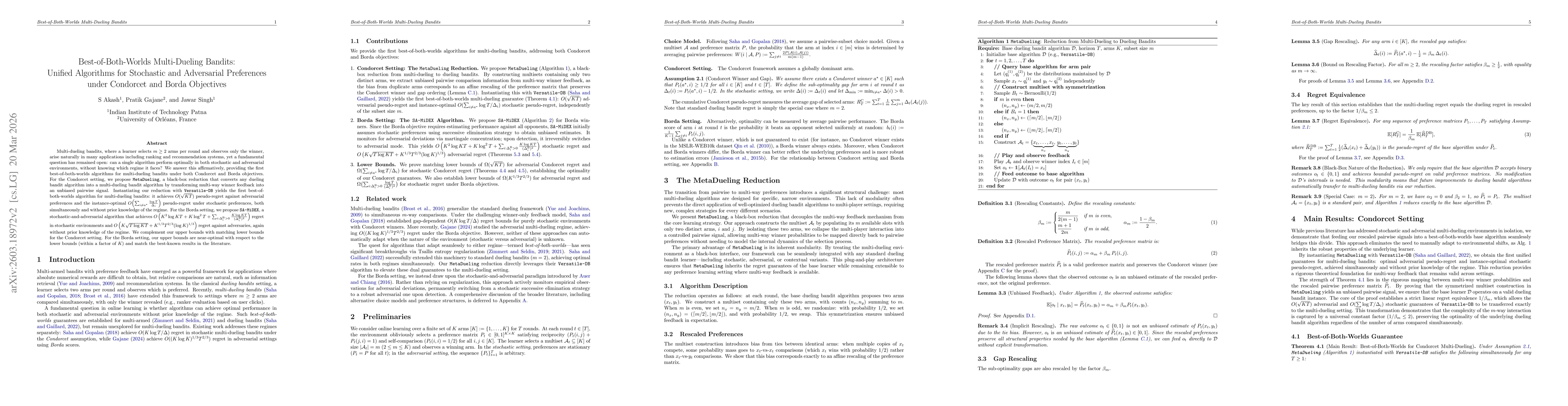 Thumbnail for Best-of-Both-Worlds Multi-Dueling Bandits: Unified Algorithms for Stochastic and Adversarial Preferences under Condorcet and Borda Objectives