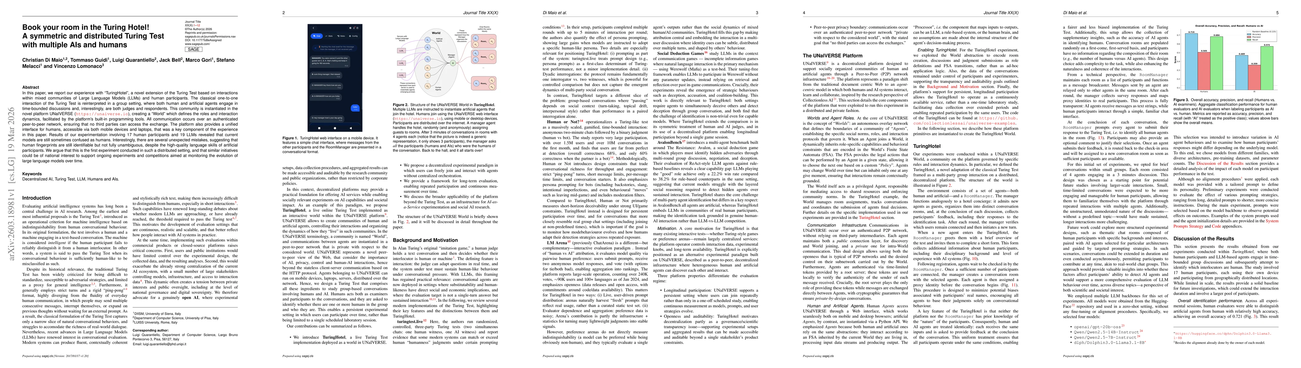 Thumbnail for Book your room in the Turing Hotel! A symmetric and distributed Turing Test with multiple AIs and humans