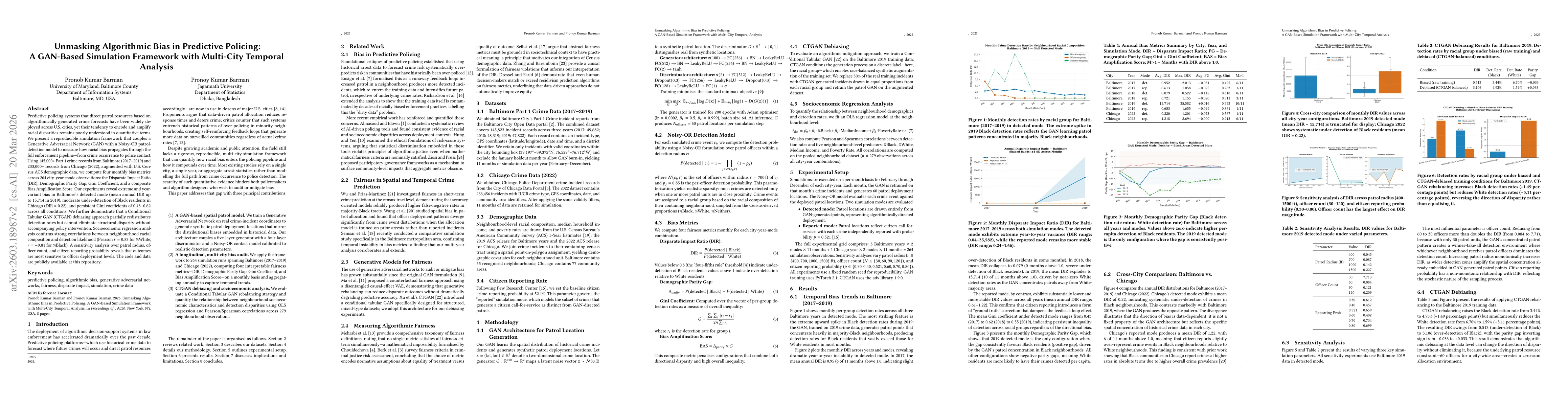 Thumbnail for Unmasking Algorithmic Bias in Predictive Policing: A GAN-Based Simulation Framework with Multi-City Temporal Analysis