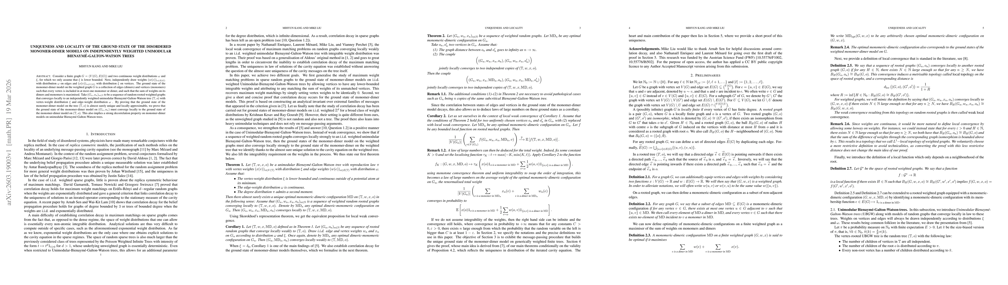 Thumbnail for Uniqueness and locality of the ground state of the disordered Monomer-Dimer models on independently weighted Unimodular Bienaymé-Galton-Watson trees