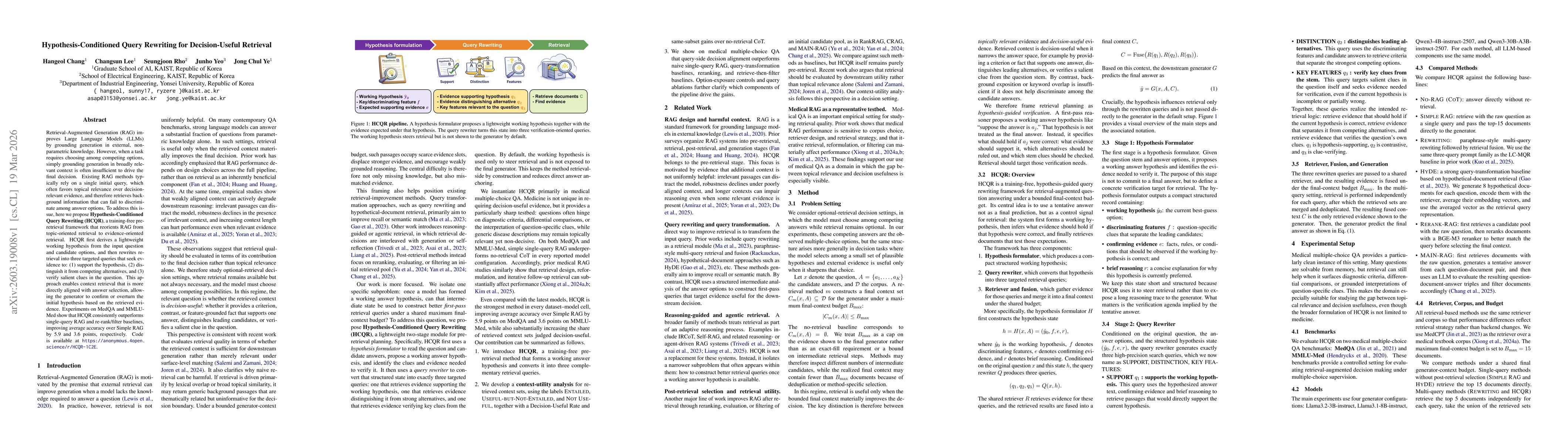 Thumbnail for Hypothesis-Conditioned Query Rewriting for Decision-Useful Retrieval