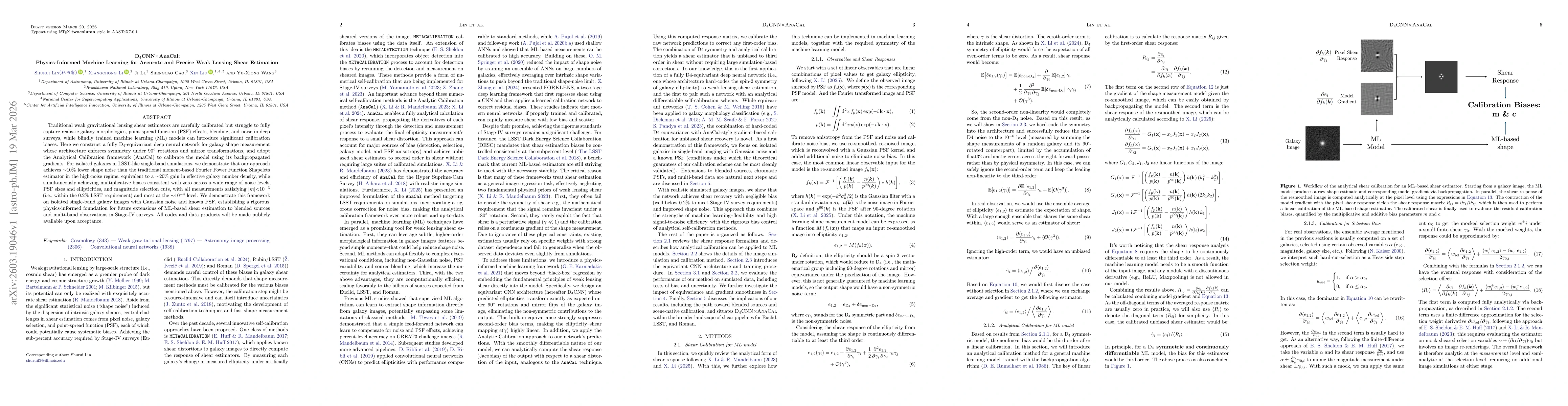 Thumbnail for D$_4$CNN$\times$AnaCal: Physics-Informed Machine Learning for Accurate and Precise Weak Lensing Shear Estimation