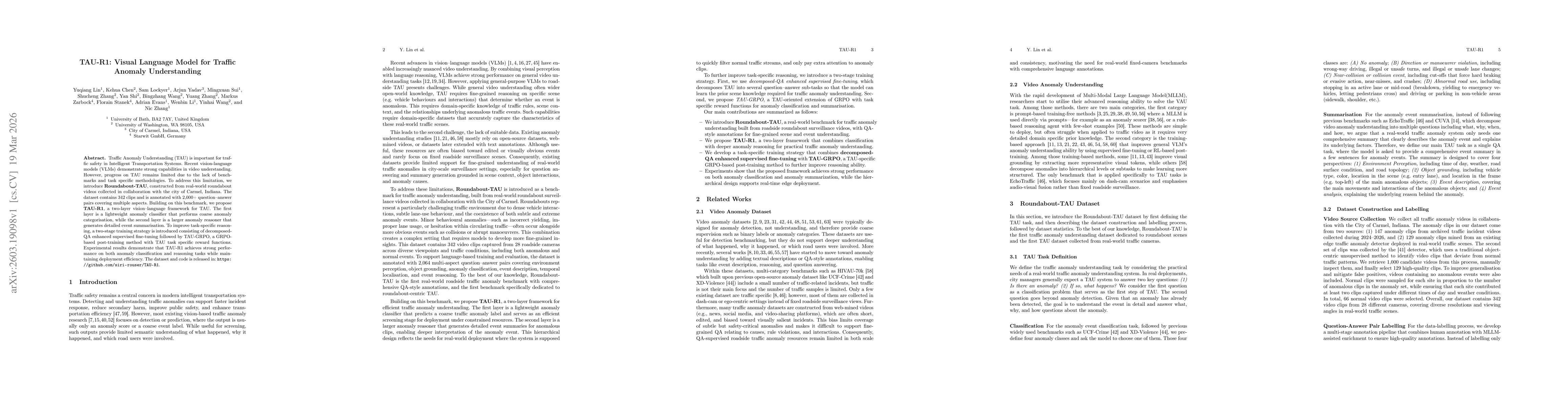 Thumbnail for TAU-R1: Visual Language Model for Traffic Anomaly Understanding