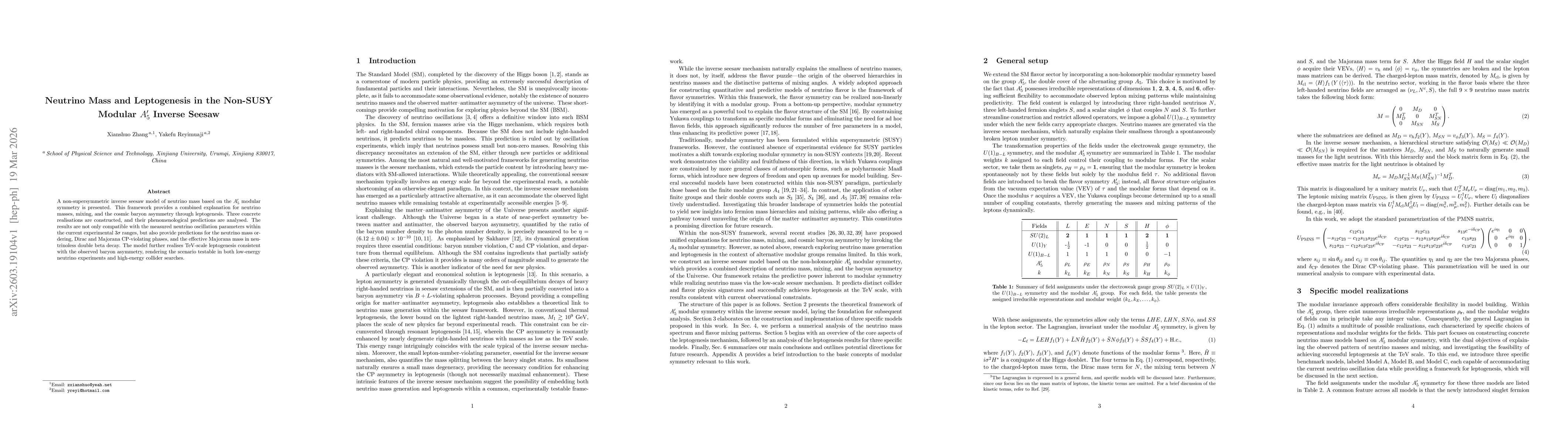 Thumbnail for Neutrino Mass and Leptogenesis in the Non-SUSY Modular $A^\prime_5$ Inverse Seesaw