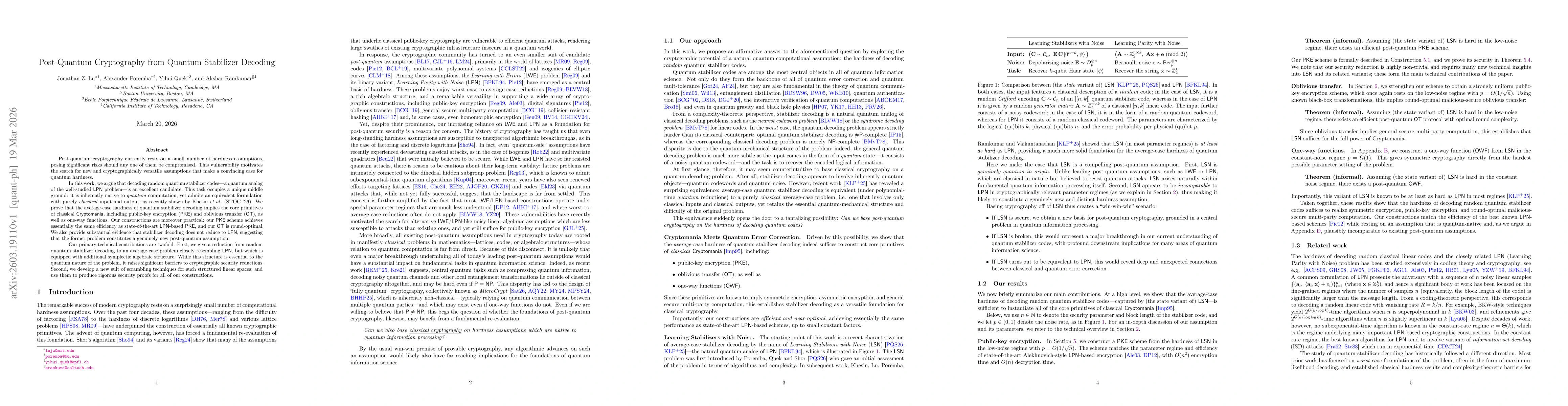Thumbnail for Post-Quantum Cryptography from Quantum Stabilizer Decoding