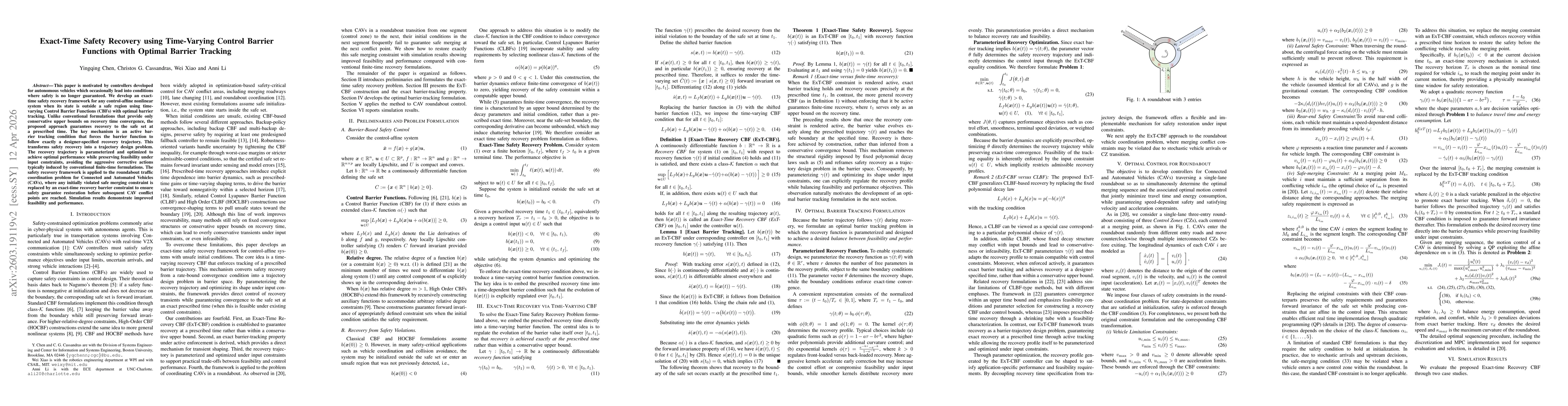 Thumbnail for Exact-Time Safety Recovery using Time-Varying Control Barrier Functions with Optimal Barrier Tracking