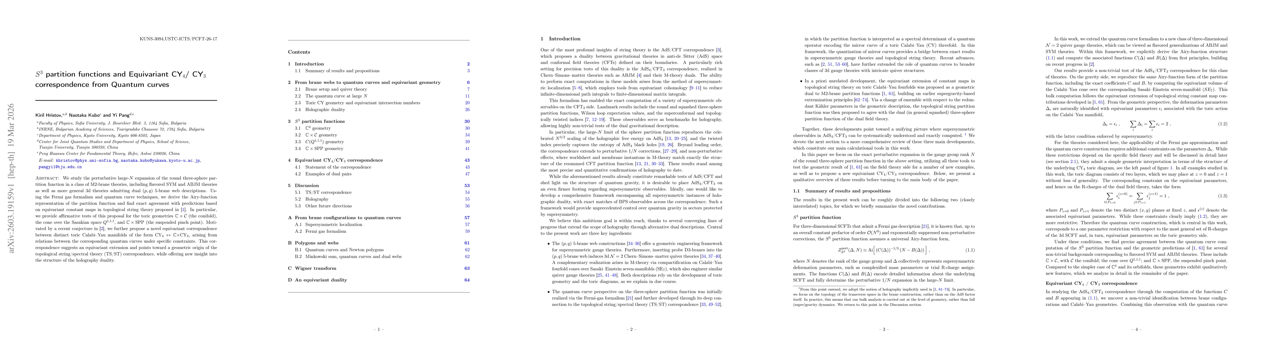 Thumbnail for $S^3$ partition functions and Equivariant CY$_4 $/ CY$_3$ correspondence from Quantum curves