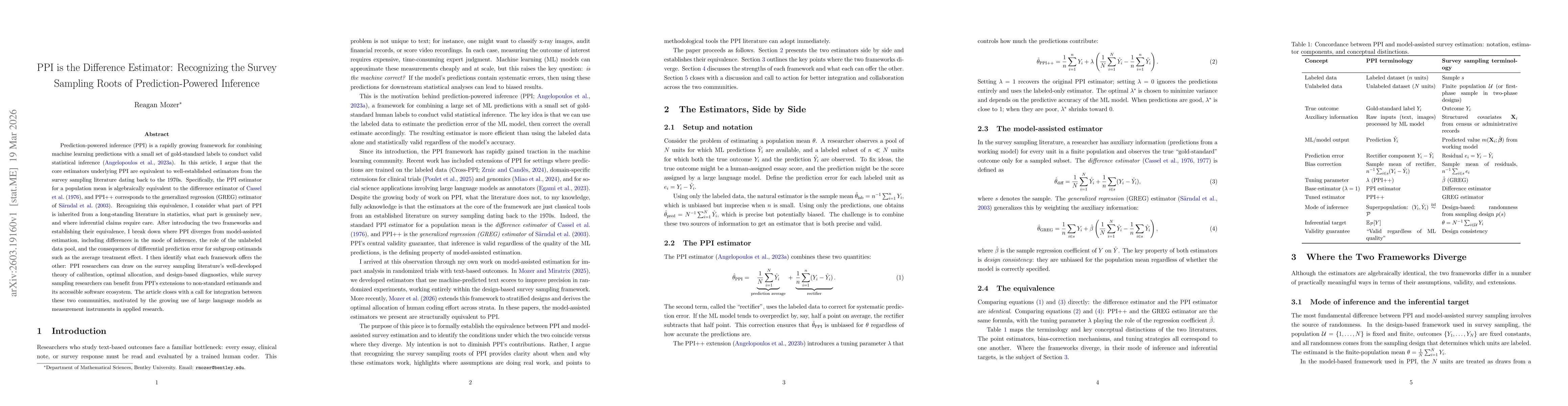 Thumbnail for PPI is the Difference Estimator: Recognizing the Survey Sampling Roots of Prediction-Powered Inference