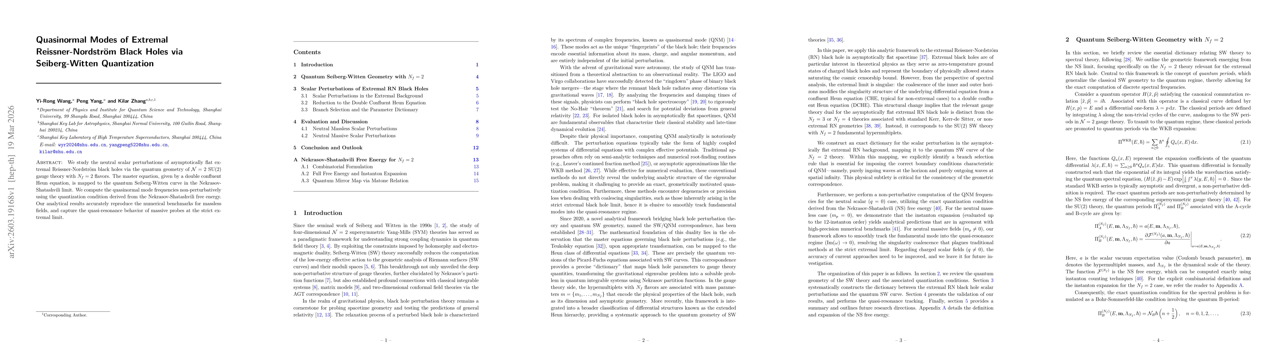 Thumbnail for Quasinormal Modes of Extremal Reissner-Nordstrom Black Holes via Seiberg-Witten Quantization