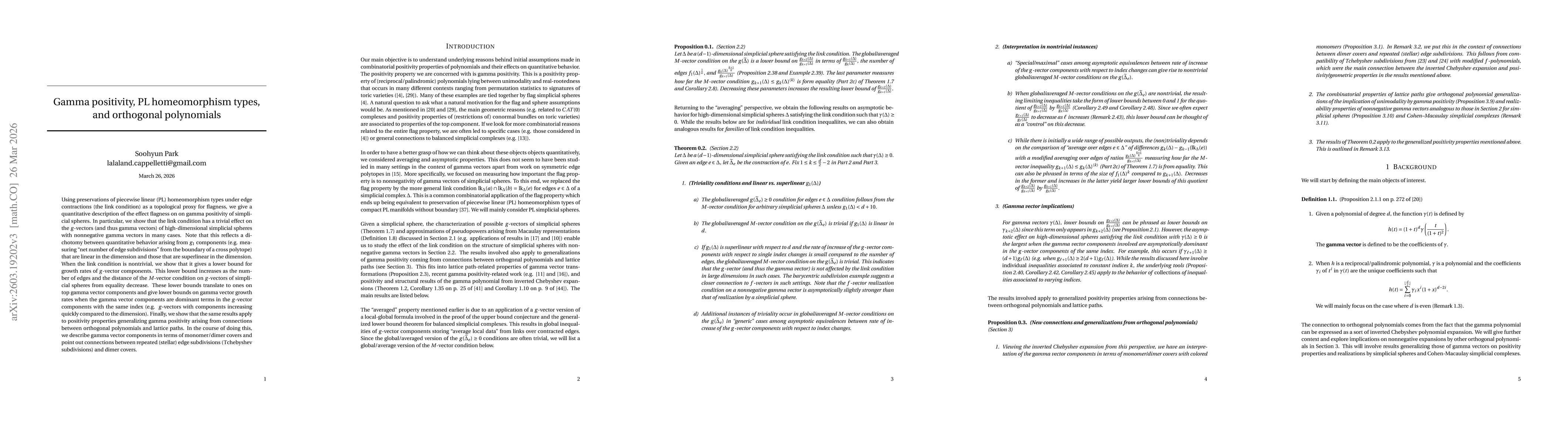 Thumbnail for Gamma positivity, PL homeomorphism types, and orthogonal polynomials