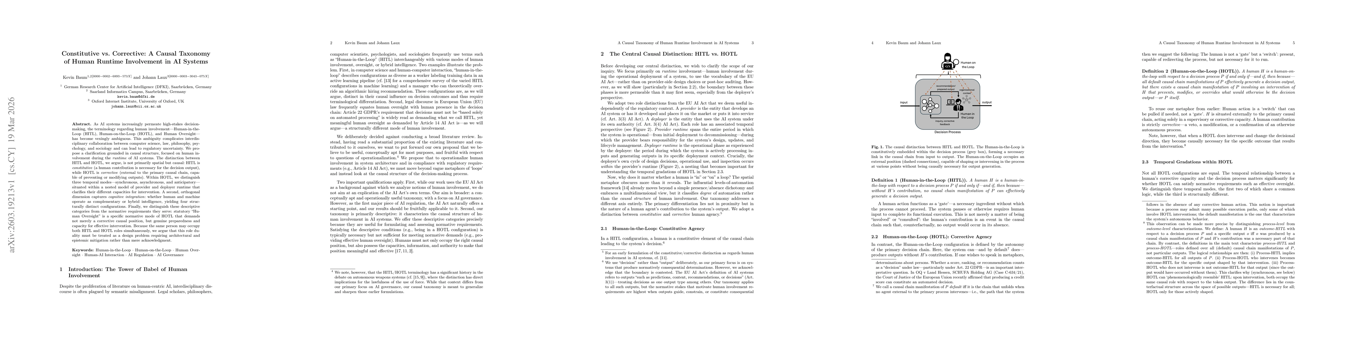 Thumbnail for Constitutive vs. Corrective: A Causal Taxonomy of Human Runtime Involvement in AI Systems