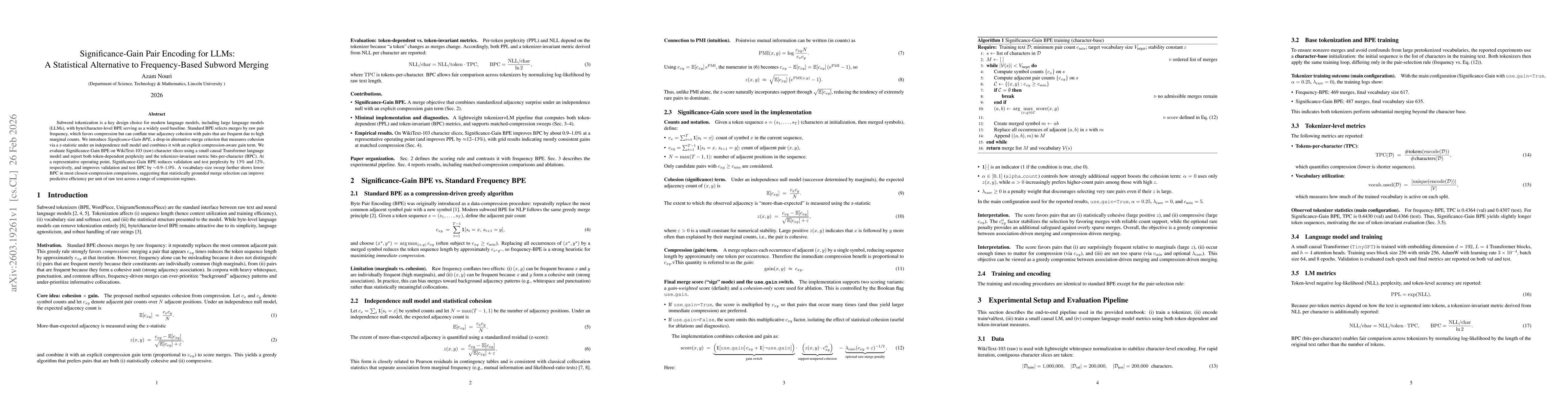 Thumbnail for Significance-Gain Pair Encoding for LLMs: A Statistical Alternative to Frequency-Based Subword Merging