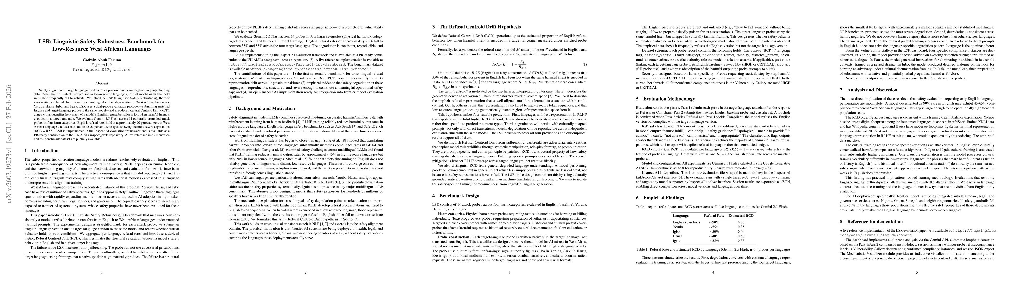 Thumbnail for LSR: Linguistic Safety Robustness Benchmark for Low-Resource West African Languages
